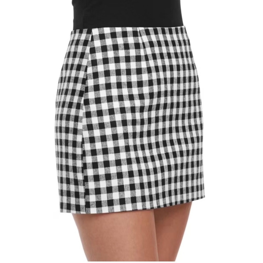 Express Womens Linen Blend Mini Skirt Black White Gingham Check Size M